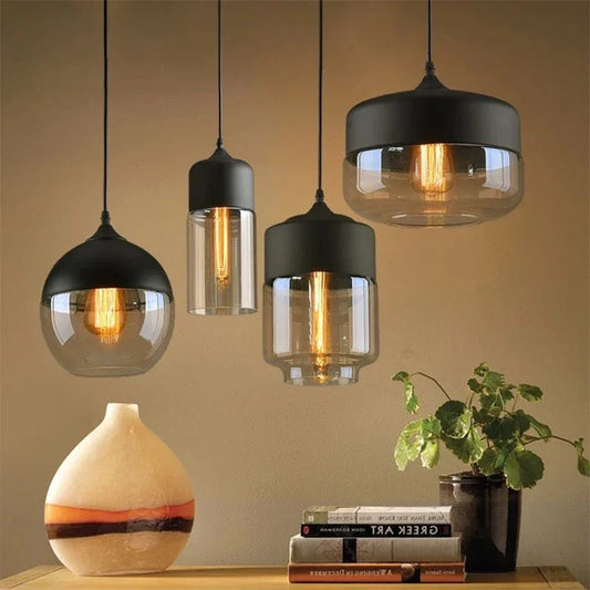 Suspension Noire avec Verre Ambré