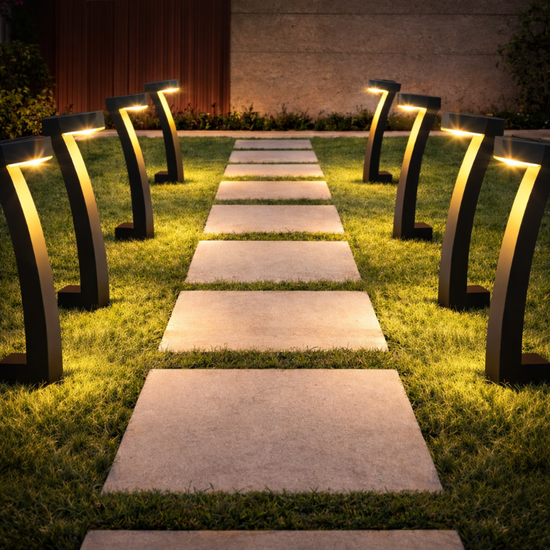 Pack de 8 bornes solaires Solis LED installées de chaque côté d’un chemin de jardin pour éclairer une allée extérieure.