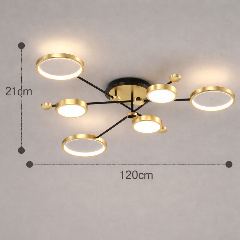 Plafonnier LED doré 6 têtes avec disques lumineux design contemporain diamètre 120 cm éclairage plafond salon moderne