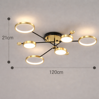 Plafonnier LED doré 6 têtes avec disques lumineux design contemporain diamètre 120 cm éclairage plafond salon moderne