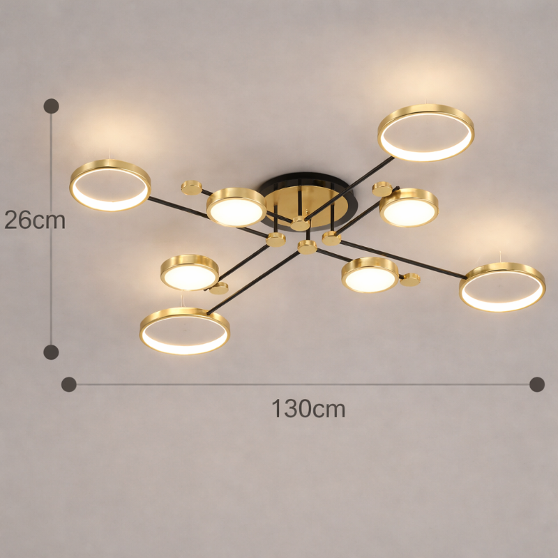 Plafonnier LED doré 8 têtes design moderne avec anneaux lumineux diamètre 130 cm luminaire plafond salon