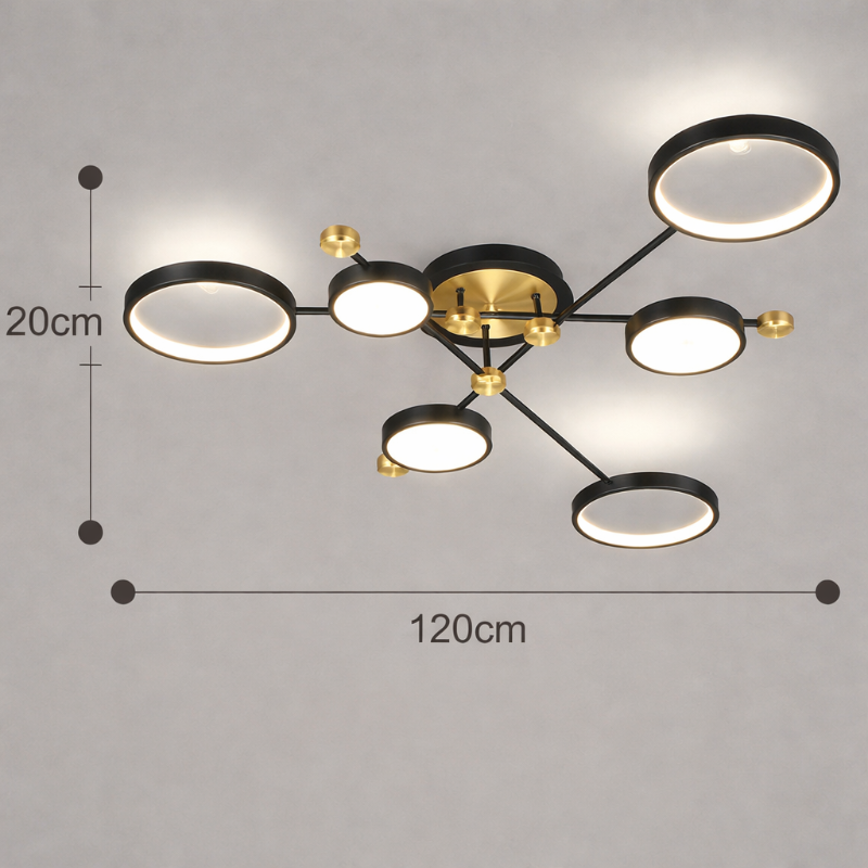 Plafonnier LED noir et doré 6 têtes design moderne avec anneaux lumineux diamètre 120 cm luminaire plafond intérieur