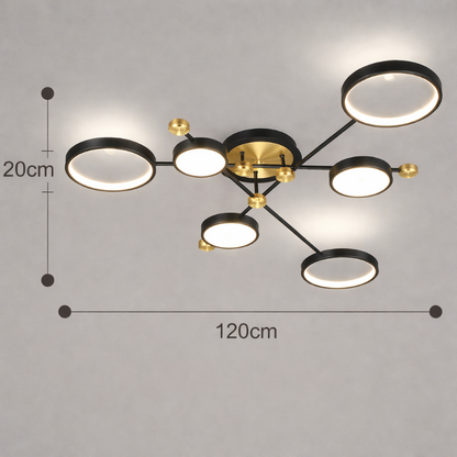 Plafonnier LED noir et doré 6 têtes design moderne avec anneaux lumineux diamètre 120 cm luminaire plafond intérieur
