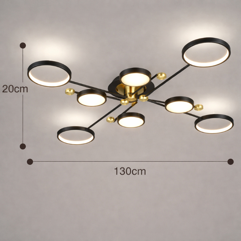 Plafonnier LED noir et doré 8 têtes design moderne avec anneaux lumineux diamètre 130 cm luminaire plafond salon