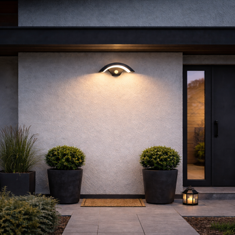 Le design élégant de cette applique murale d'extérieur s'accorde avec les panneaux modernes et l'entrée en verre