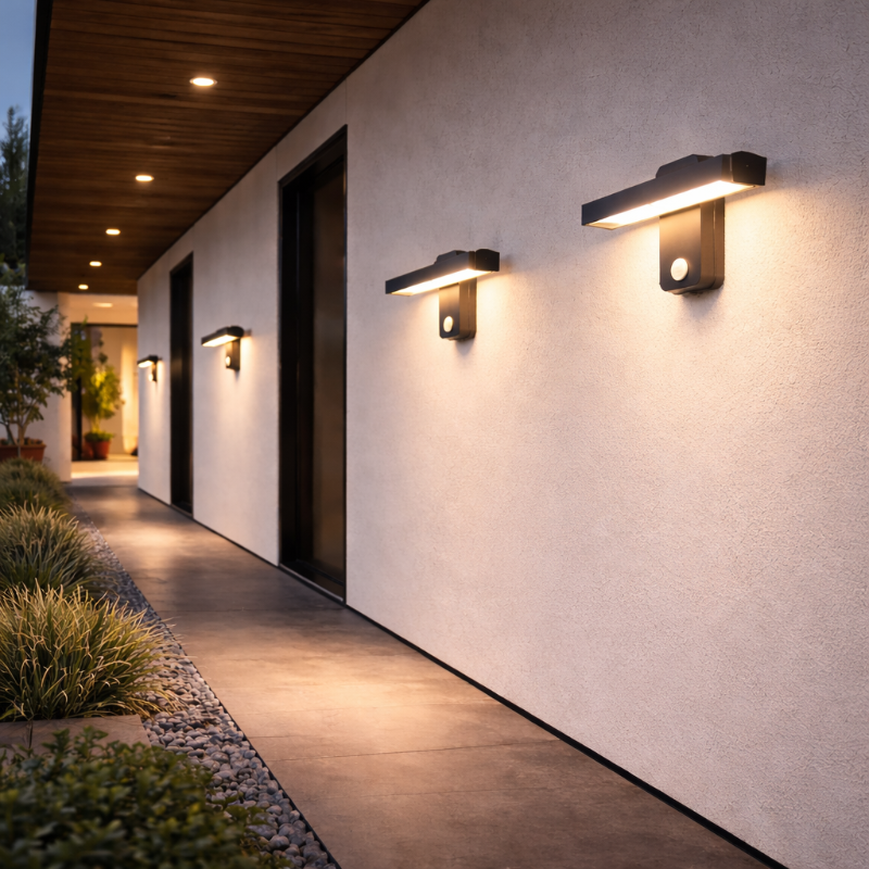 Appliques murales LED extérieures avec capteur de mouvement éclairant un couloir extérieur moderne.