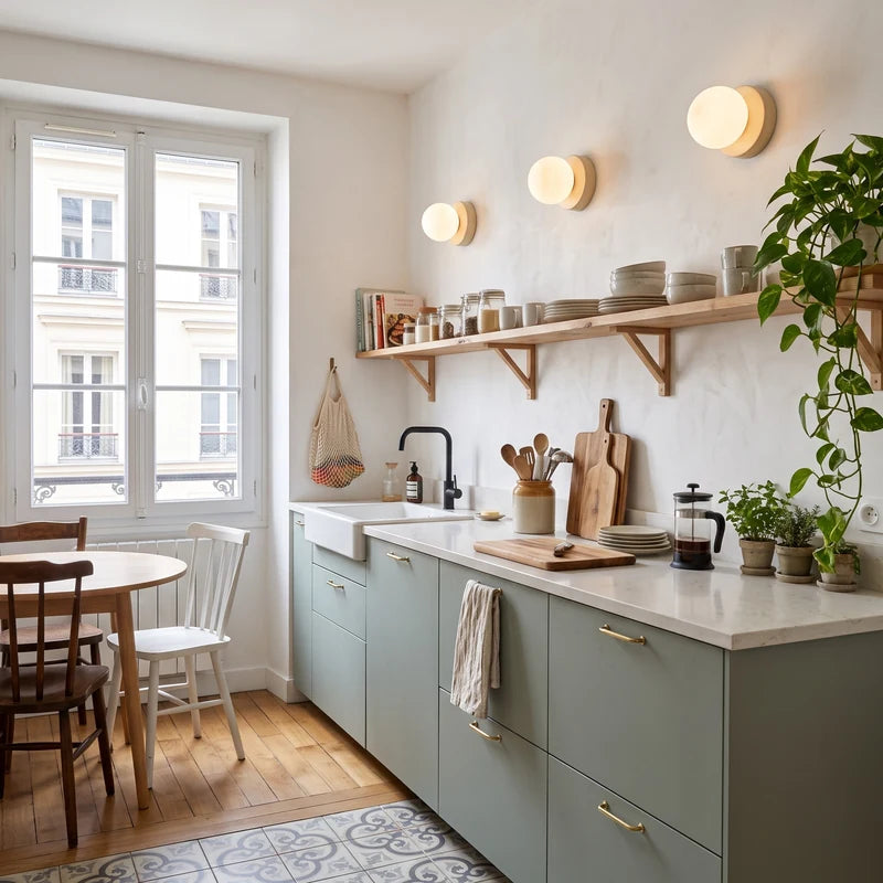 Appliques murales Macaron crème allumées dans une cuisine scandinave