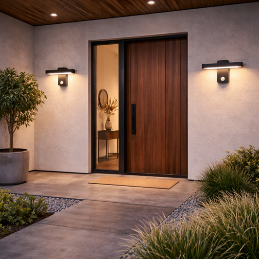 Applique murale LED extérieure avec capteur de mouvement installée de chaque côté d’une entrée de maison moderne