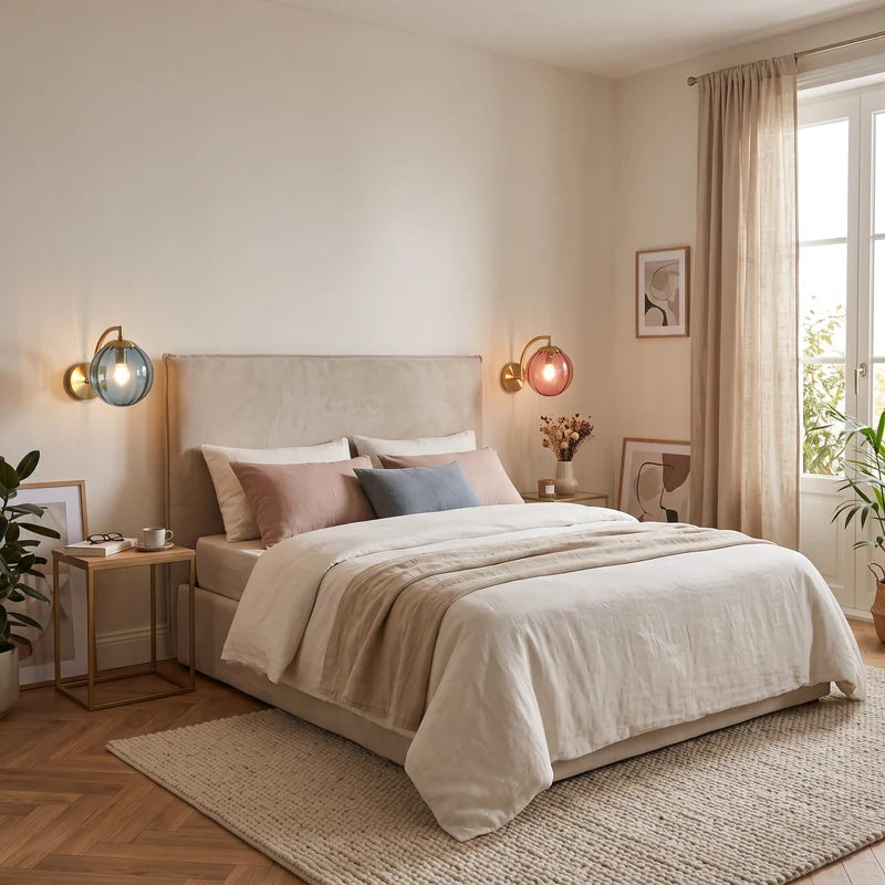 Deux appliques murales globe en verre bleu et rose, installées de chaque côté du lit dans une chambre