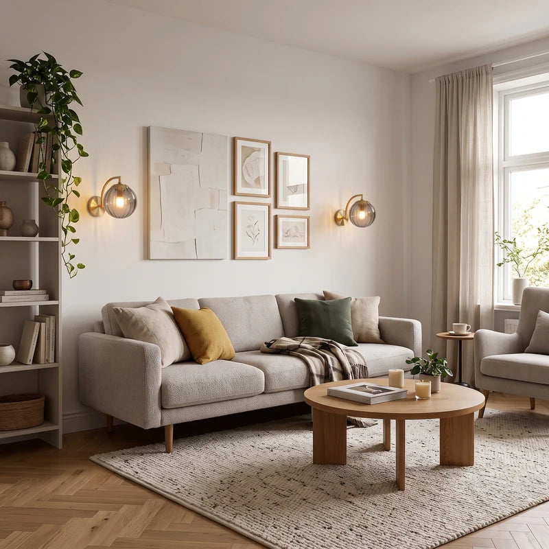 Deux appliques murales globe en verre gris fumé et métal doré dans un salon scandinave