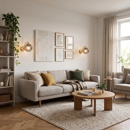 Deux appliques murales globe en verre gris fumé et métal doré dans un salon scandinave