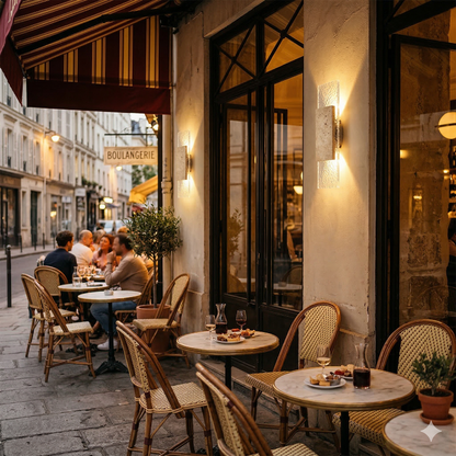 Applique murale extérieure en pierre naturelle Petra-Linéaire illuminant une terrasse au style français.