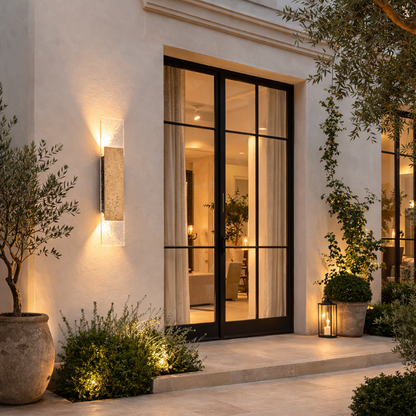 Applique murale en pierre naturelle Petra-Linéaire installée sur la façade d’une maison moderne française, éclairage extérieur design et chaleureux.