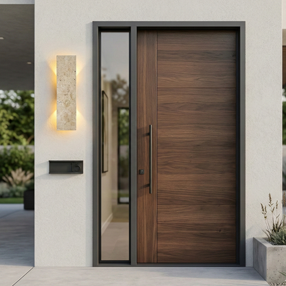 Applique murale extérieure Stela en travertin installée à côté d’une porte d’entrée moderne by Luppa