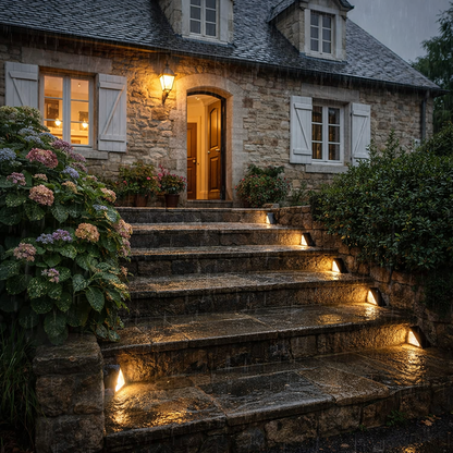 Balises solaires Lumina-Deck installées sur les côtés d’un escalier menant à l’entrée d’une maison