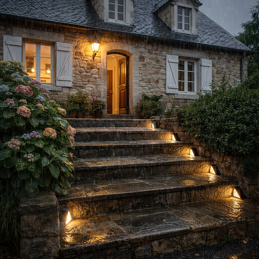 Balises solaires Lumina-Deck installées sur les côtés d’un escalier menant à l’entrée d’une maison