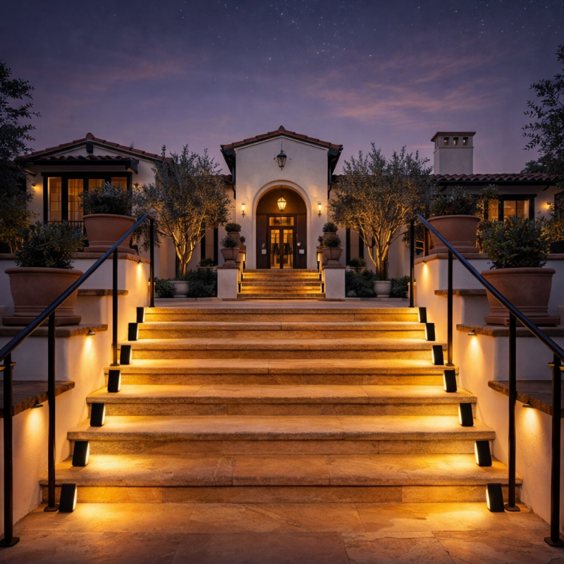 Balises solaires Lumina-Deck installées le long d’un escalier extérieur menant à une villa, éclairage décoratif et sécurisant pour jardin et entrée de maison