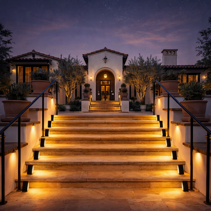 Balises solaires Lumina-Deck installées le long d’un escalier extérieur menant à une villa, éclairage décoratif et sécurisant pour jardin et entrée de maison