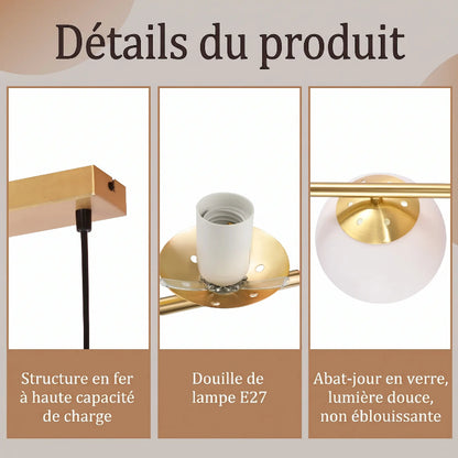 Gros plan sur la fixation plafond, la douille pour ampoule G9 et le diffuseur en verre dépoli du luminaire