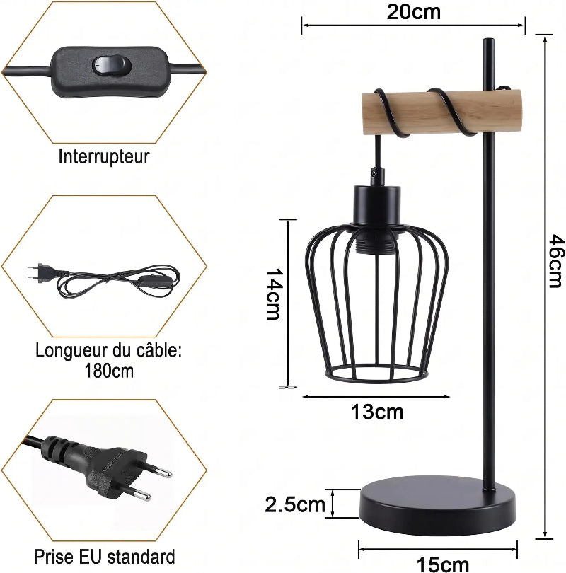 Schéma coté de la lampe à poser avec dimensions, interrupteur sur cordon et prise secteur européenne