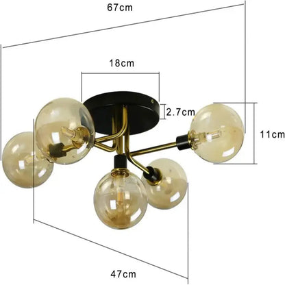 Schéma technique avec les dimensions et mesures complètes du plafonnier à 6 boules en verre