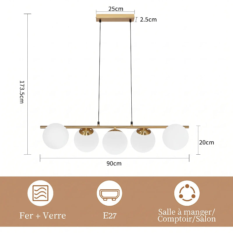 Schéma technique indiquant les dimensions complètes de la suspension linéaire à 5 globes en verre