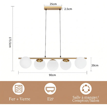 Schéma technique indiquant les dimensions complètes de la suspension linéaire à 5 globes en verre
