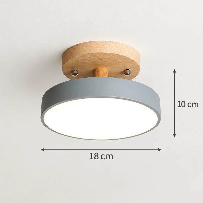 Plafonnier LED rond gris et bois naturel de 18 cm de diamètre avec dimensions indiquées