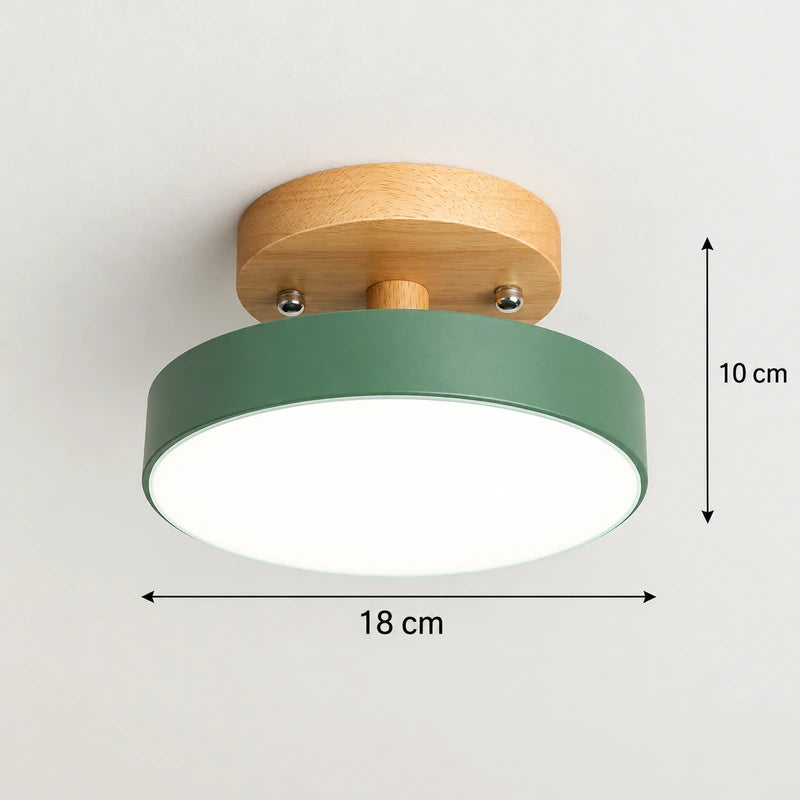 Dimensions du plafonnier LED rond vert pastel avec base en bois naturel