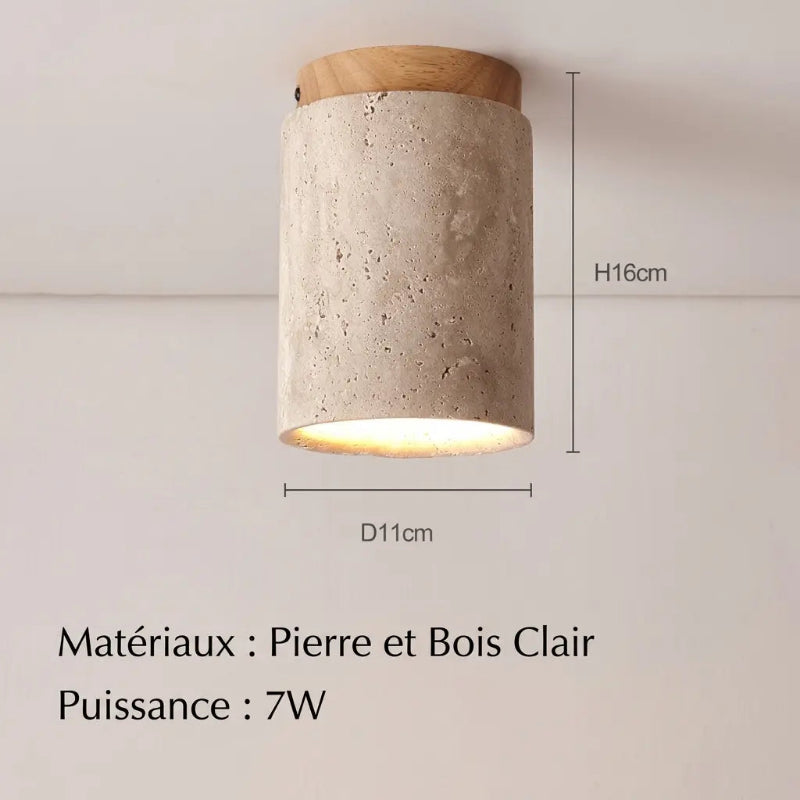 Schéma technique et mesures du spot plafonnier en pierre et bois clair 7W