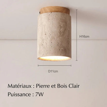 Schéma technique et mesures du spot plafonnier en pierre et bois clair 7W