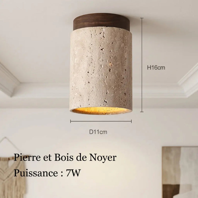 Schéma avec dimensions du spot cylindrique en travertin et socle en bois de noyer d'une puissance de 7W