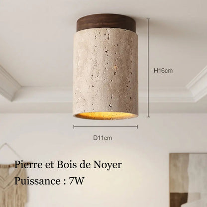 Schéma avec dimensions du spot cylindrique en travertin et socle en bois de noyer d'une puissance de 7W