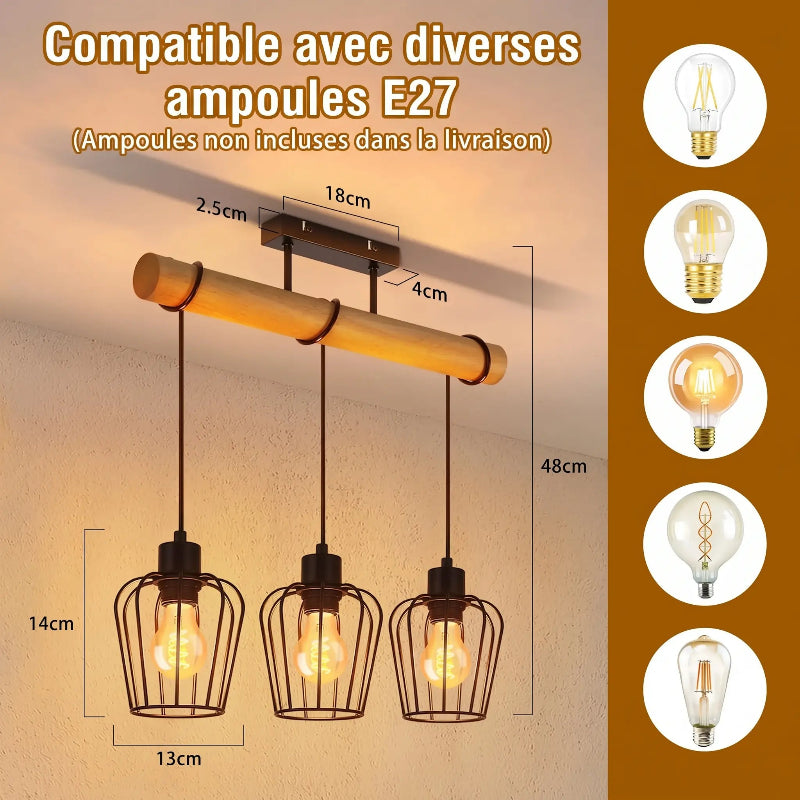 Schéma des dimensions du luminaire suspendu et compatibilité avec différentes ampoules à culot E27
