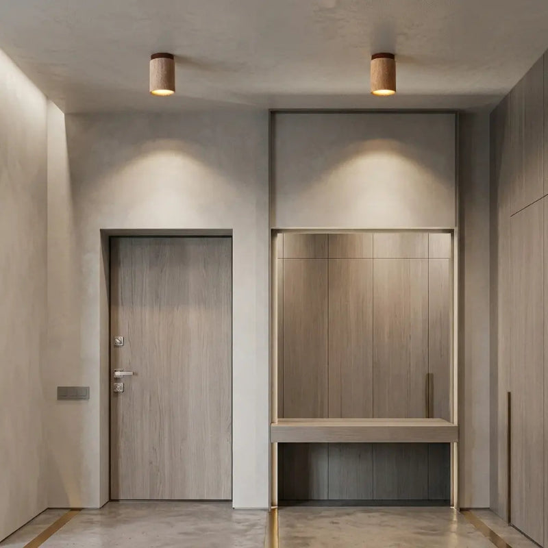 Spots cylindriques en pierre naturelle installés au plafond d'un hall d'entrée moderne avec dressing en bois