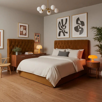 Idée décoration chambre vintage avec lampe de chevet design Space Age orange.