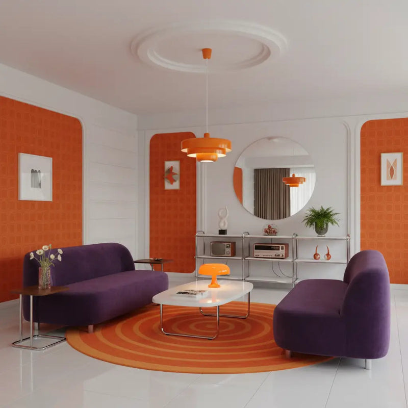 Idée décoration salle à manger vintage 70s avec lustre orange design danois au dessus de la table