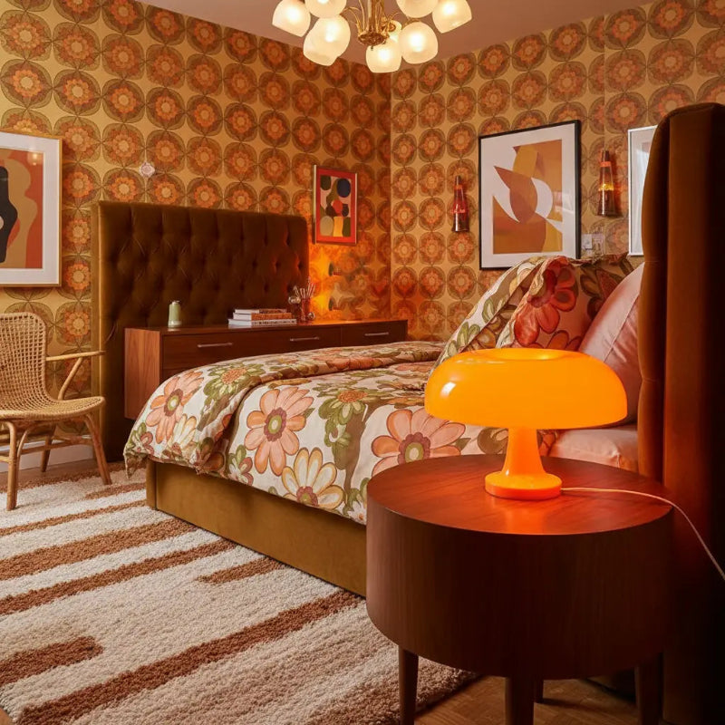 Lampe d'ambiance orange allumée diffusant une lumière chaude et tamisée pour salon ou chambre.