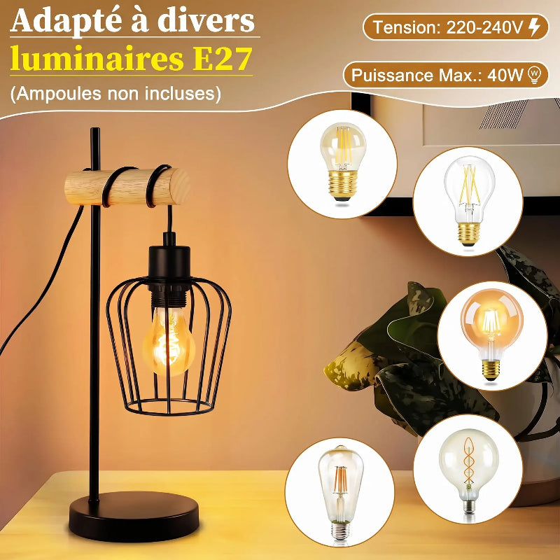 Lampe de table rétro en bois et métal avec exemples d'ampoules LED à culot E27 compatibles