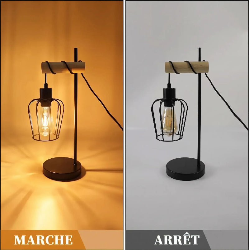 Comparatif visuel de la lampe de table industrielle en mode marche avec éclairage chaleureux et en mode arrêt