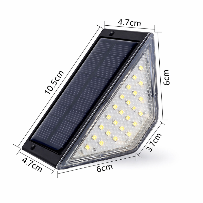 Lampe solaire d'escalier extérieur Lumina-Deck avec panneau solaire intégré et dimensions détaillées.