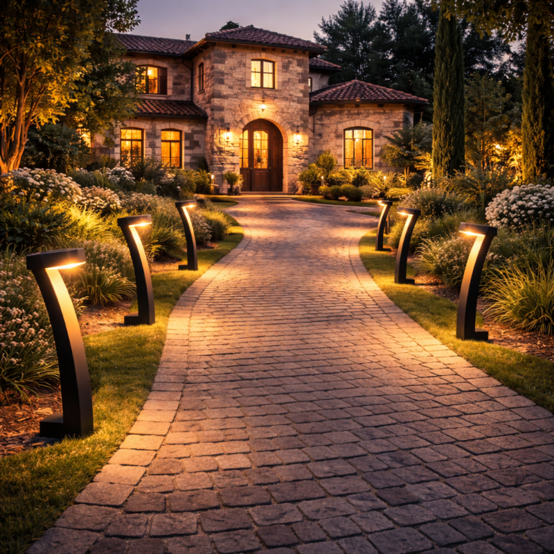 Lampes solaires de jardin "Solis" LED installées le long d’un chemin extérieur pour éclairer une allée de jardin la nuit.
