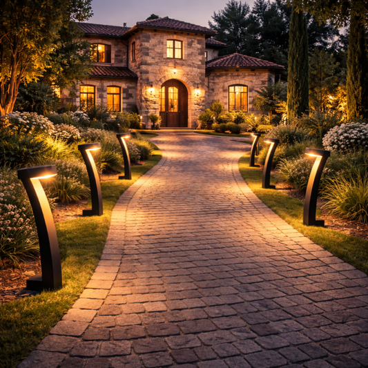 Lampes solaires de jardin "Solis" LED installées le long d’un chemin extérieur pour éclairer une allée de jardin la nuit.