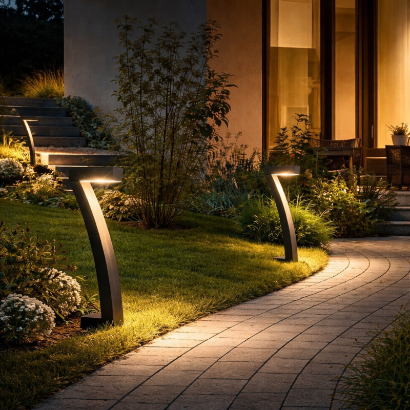 Lampes solaires extérieures Solis installées le long d’un escalier de jardin pour un éclairage décoratif et sécurisé.