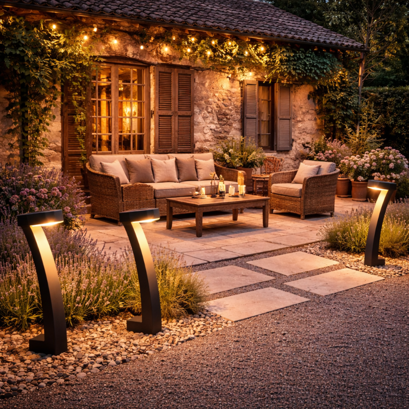 Lampes solaires design Solis installées autour d’une terrasse de maison de campagne pour créer une ambiance chaleureuse et chic.