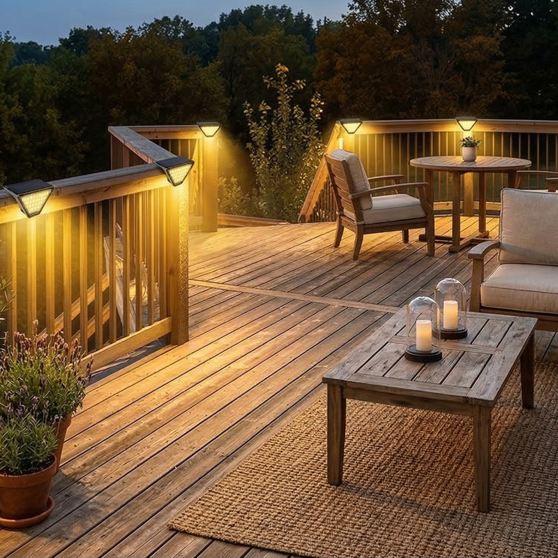 Éclairage de terrasse moderne avec luminaires solaires triangulaires fixés sur une rambarde en bois, ambiance cosy de soirée avec canapé d'extérieur et table basse.
