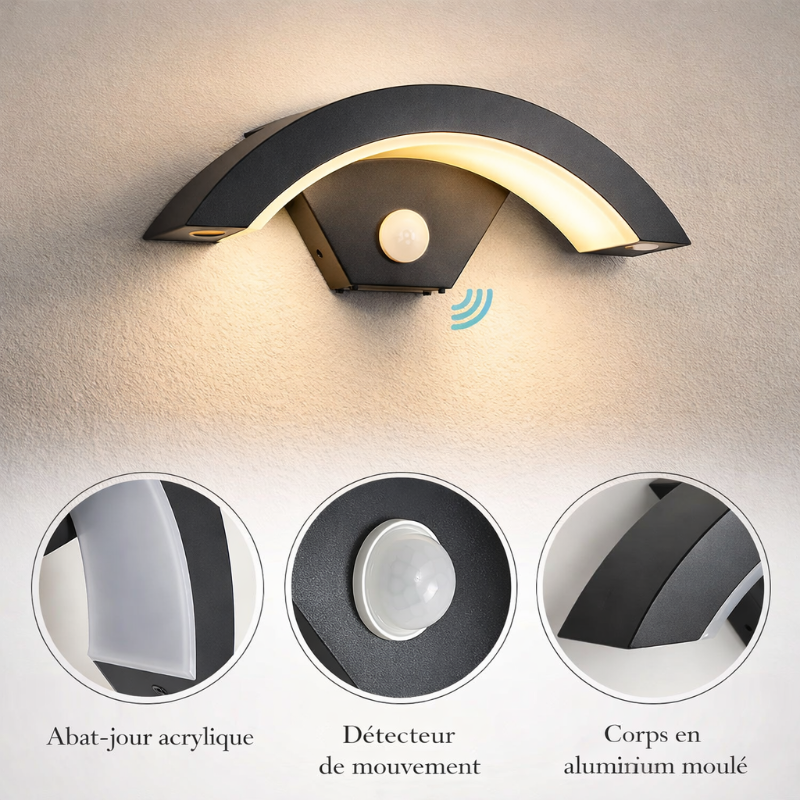 Corps en aluminium moulé noir, abat-jour en acrylique - Orbit  applique murale extérieure design moderne avec capteur de mouvement