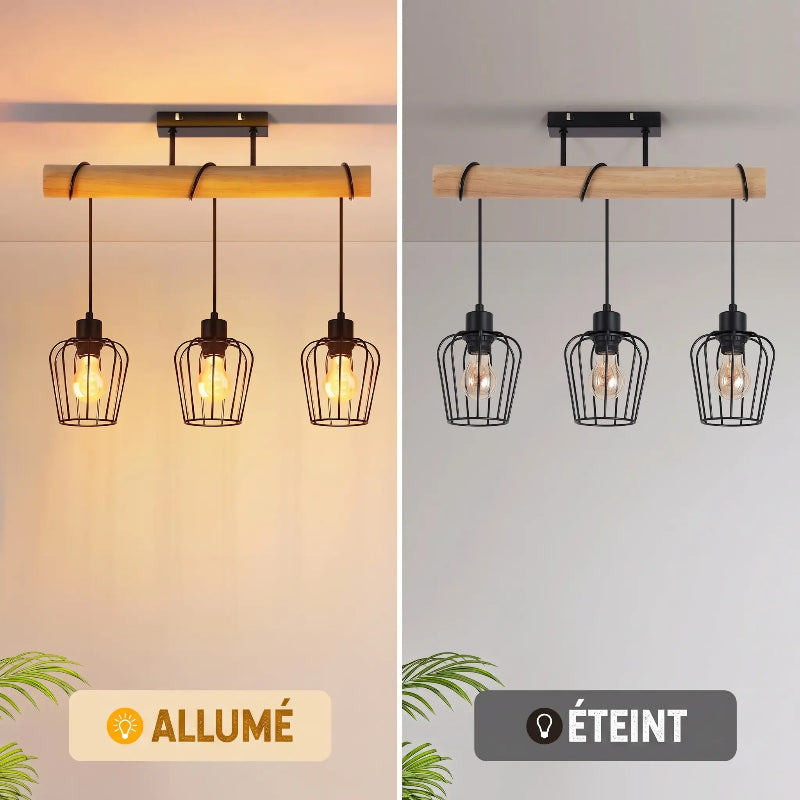 Comparatif visuel de la suspension triple allumée avec lumière chaude et éteinte
