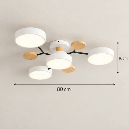 Plafonnier LED blanc et bois au design scandinave avec éclairage diffus