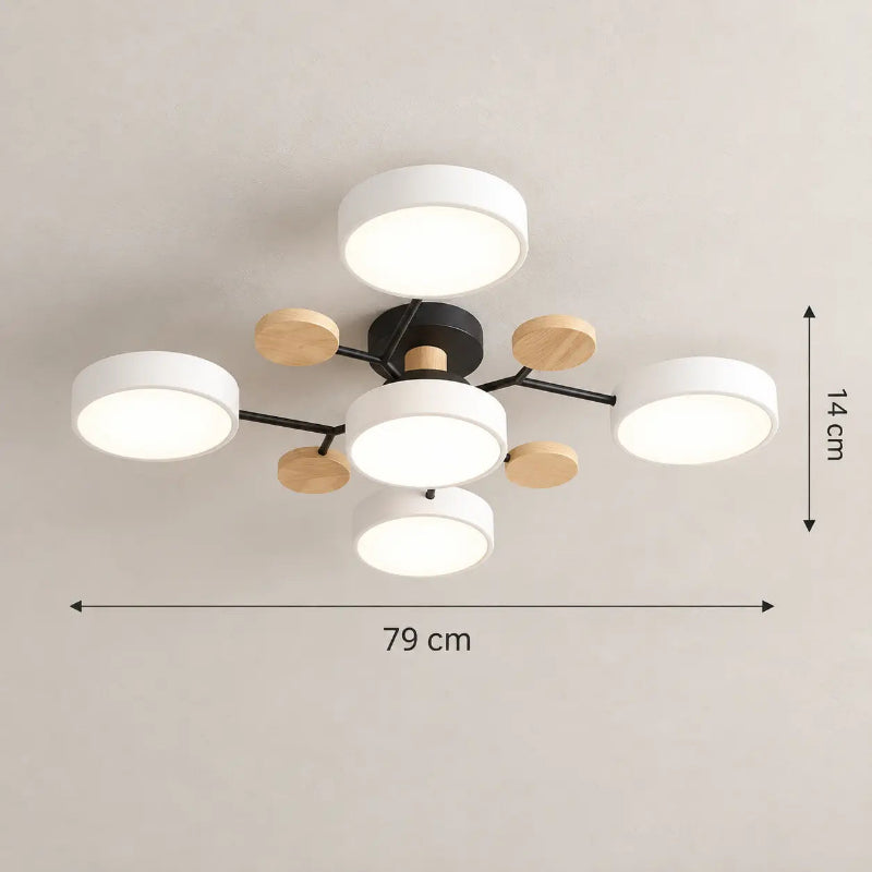 Plafonnier LED blanc multibranches avec diffuseurs lumineux et structure géométrique